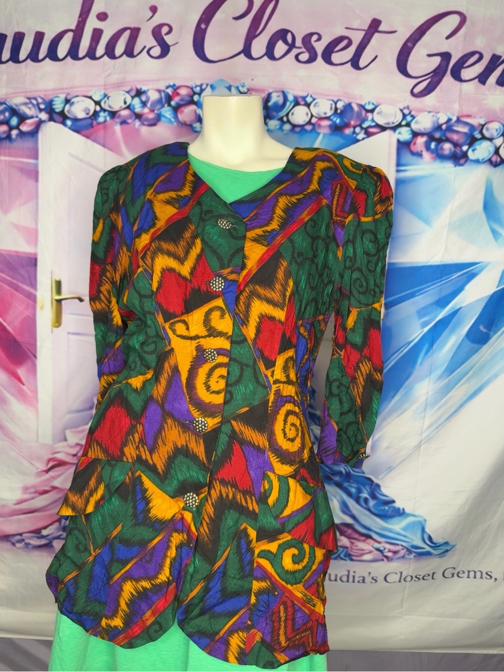 Vintage Abstract Print Women's Blouse - Green Multicolor